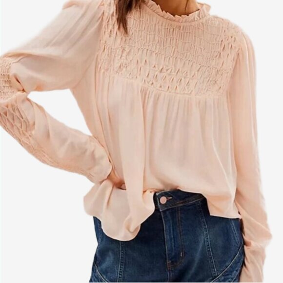 Free People Smocked Yoke Blouse Pink Coral XS Boho Peasant Top Long Sleeve - Picture 1 of 9
